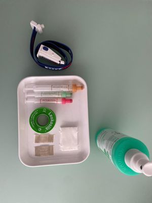 Utensilien für eine Blutentnahme, ordentlich auf einer weißen, nierenförmigen Schale angeordnet. Zu sehen sind zwei Blutentnahmeröhrchen (EDTA und Serum), ein blauer Stauschlauch, Tupfer, Pflaster, eine Rolle medizinisches Klebeband (Leukosilk) und eine grüne Sprühflasche mit Desinfektionsmittel.